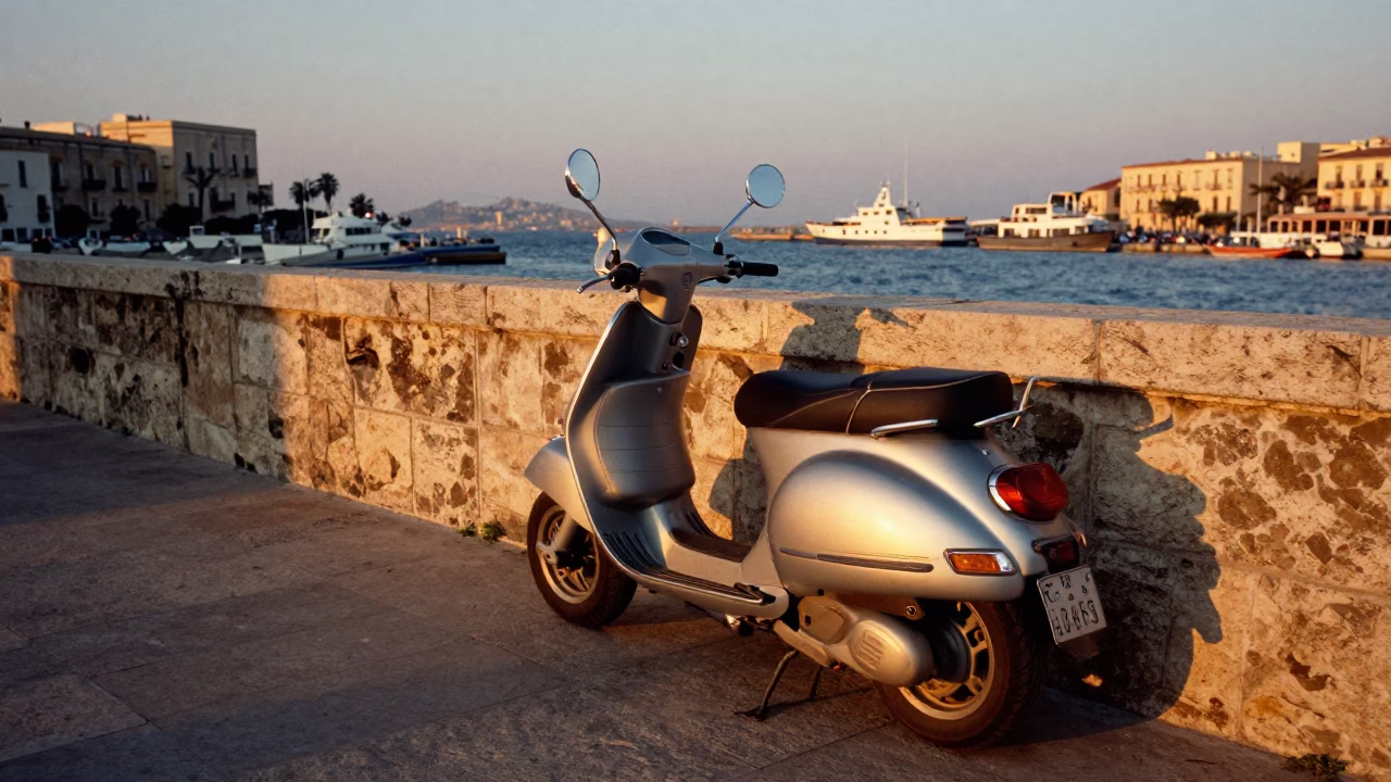 Scooter Parked in Palermo at Honeyed Evening Light in in Palermo, Italy