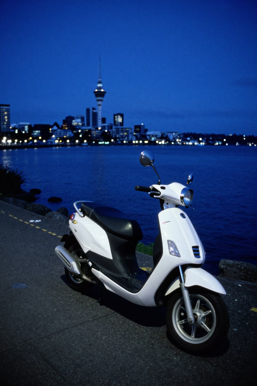 Scooter Parked on Auckland Harbor Promenade During Last Blue Light of Evening in in Auckland, New Zealand