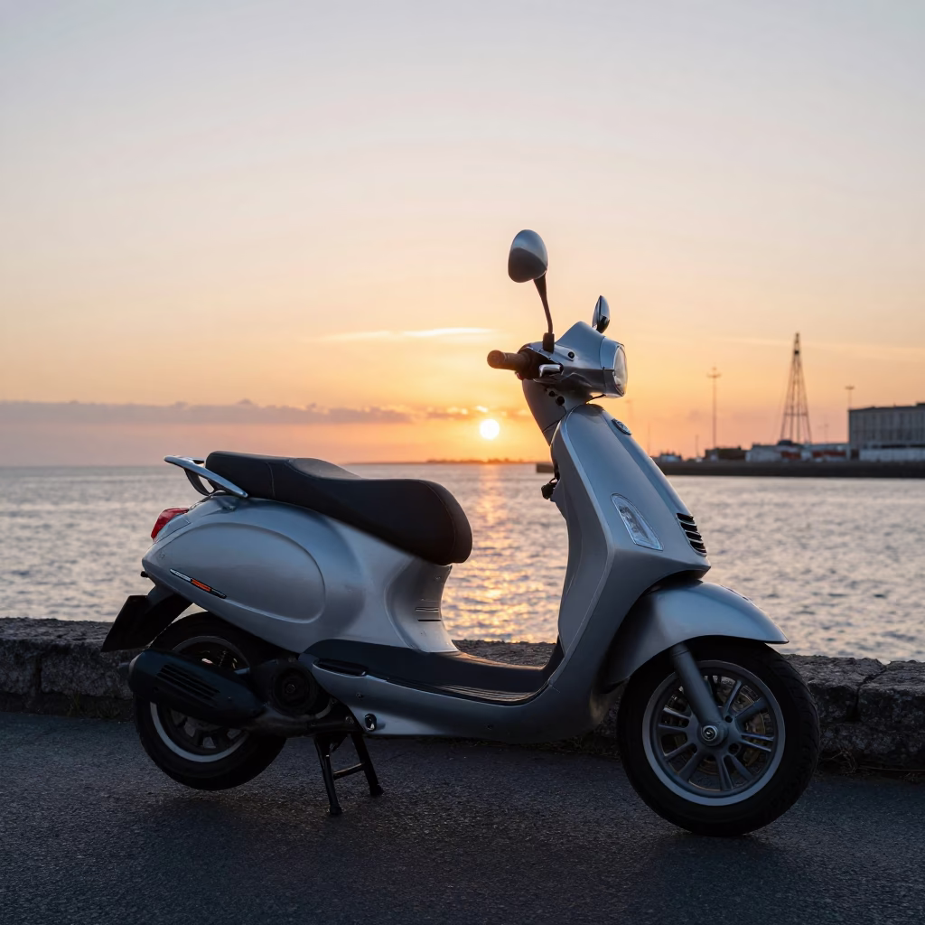 Scooter Parked on Dublin Harbor Promenade at Sunset with City Skyline in in Dublin, Ireland