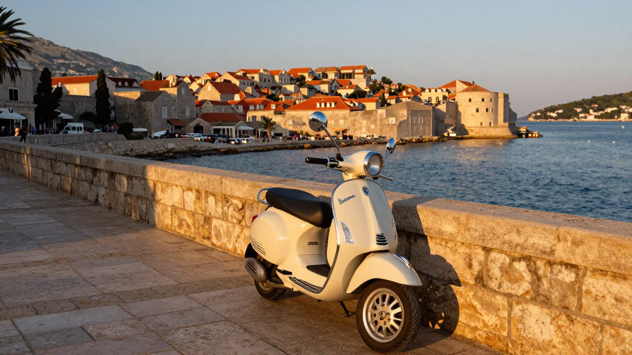 Scooter Parked on Dubrovnik Harbor Promenade in Honeyed Evening Light in in Dubrovnik, Croatia