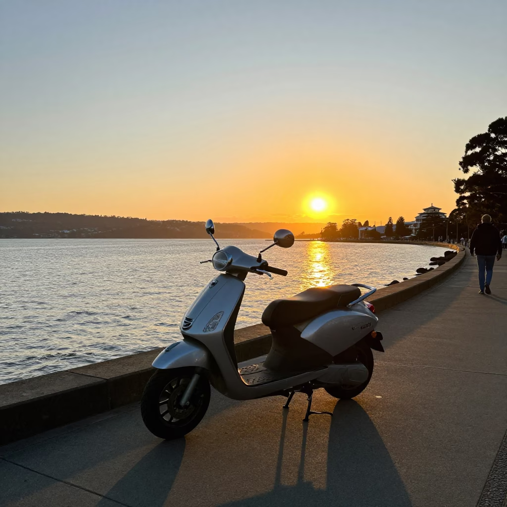 Scooter Parked on Hobart Waterfront Promenade at Sunset with Cascade Bay Views in in Hobart, Tasmania, Australia