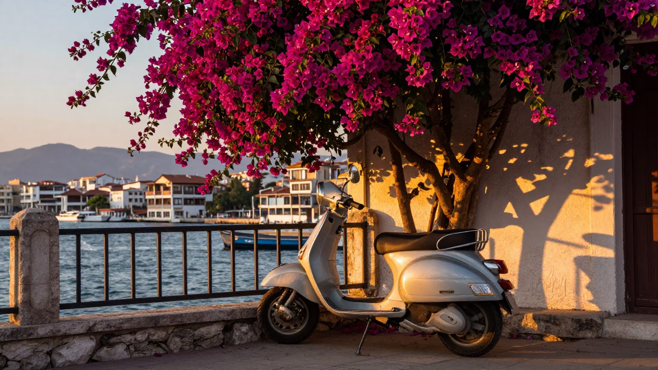 Scooter Parked on Izmir Harbor Promenade with Bougainvillea in Honeyed Evening Light in in Izmir, Turkey