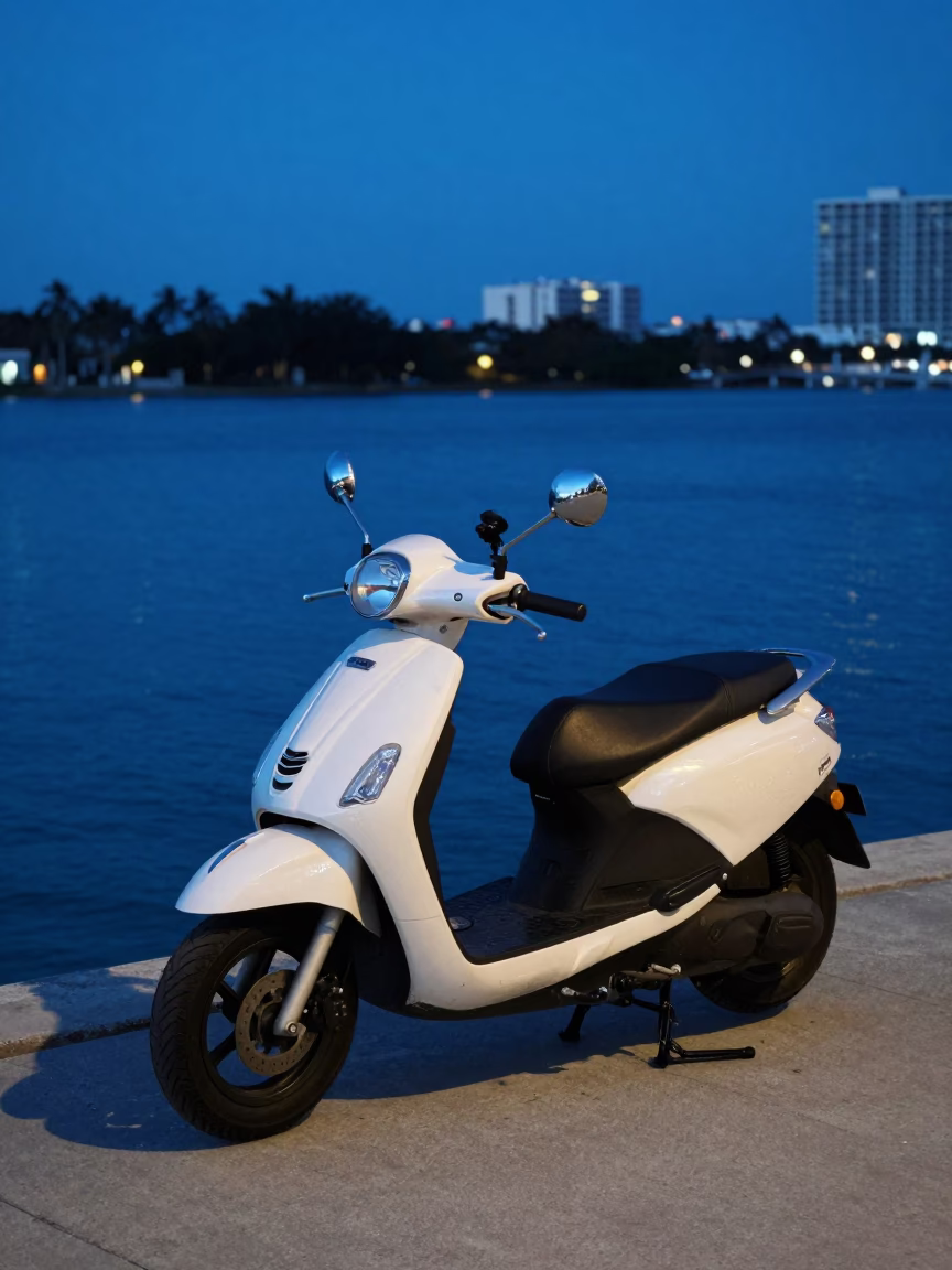Scooter Parked on Miami Harbor Promenade During Last Blue Light of Evening in in Miami, Florida, United States