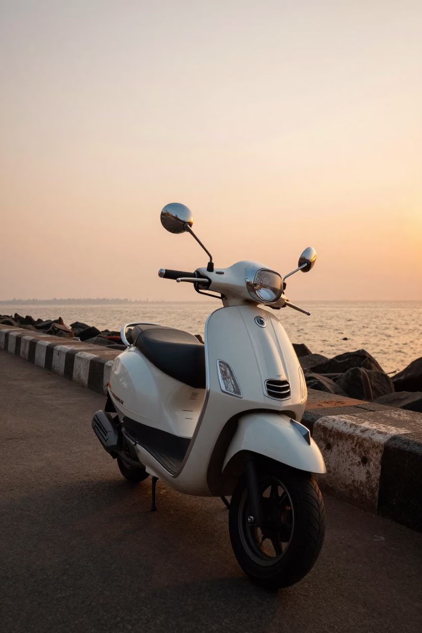 Scooter Parked on Mumbai Harbor Promenade at Sunset with Urban Life in in Mumbai, India