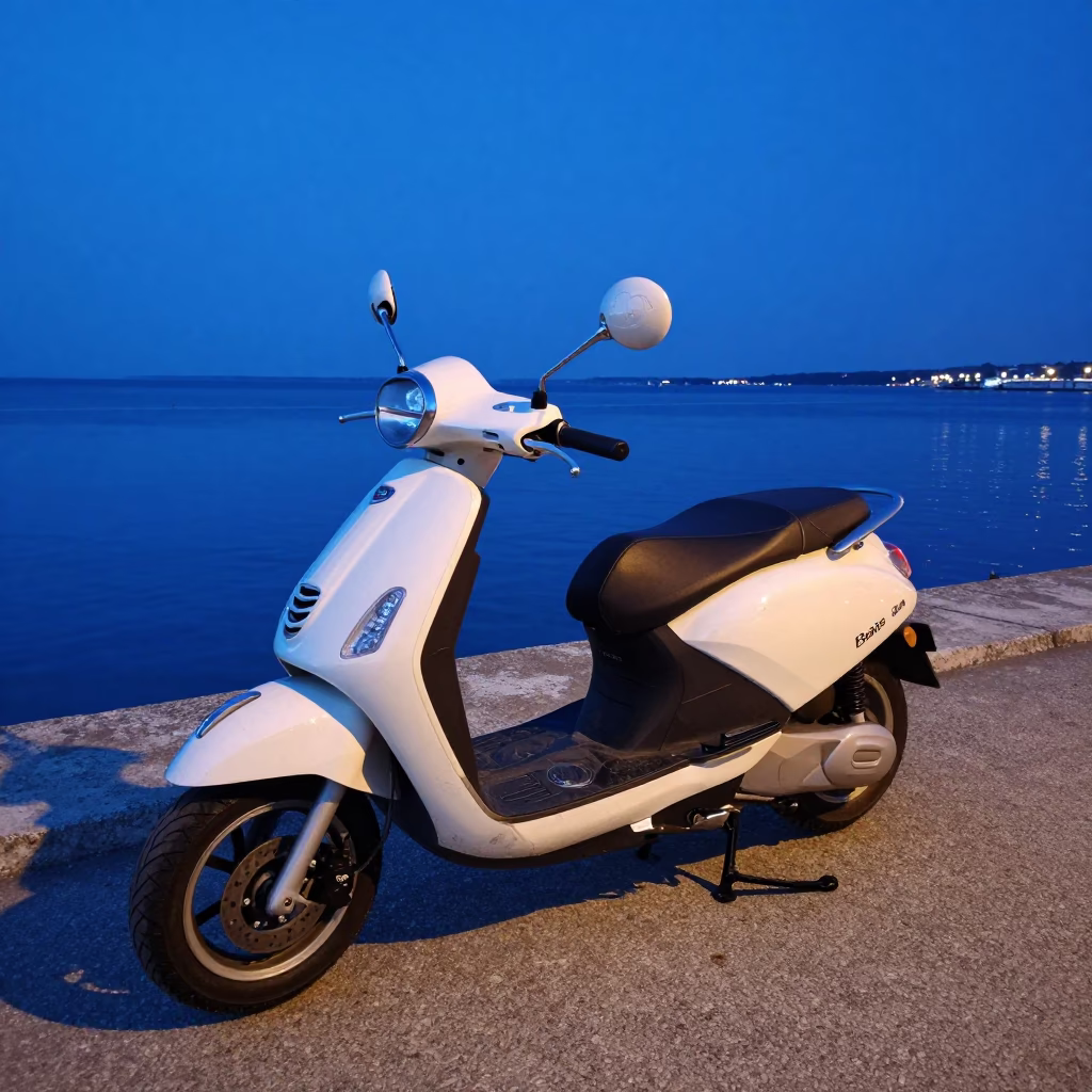 Scooter Parked on Nice Harbor Promenade During Evening Blue Hour in in Nice, France