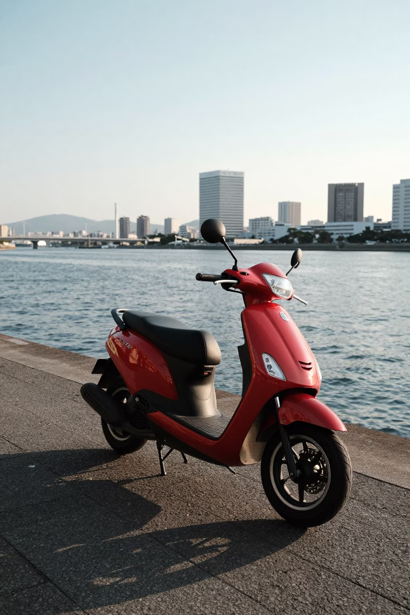 Scooter Parked on Osaka Harbor Promenade Late Afternoon with City Skyline in in Osaka, Japan