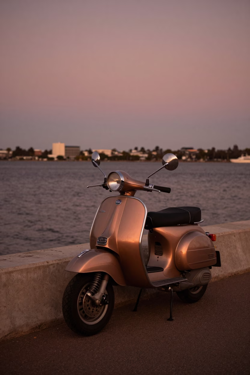 Scooter Parked on Perth Harbor Promenade in Copper-Toned Dusk Light in in Perth, Western Australia, Australia