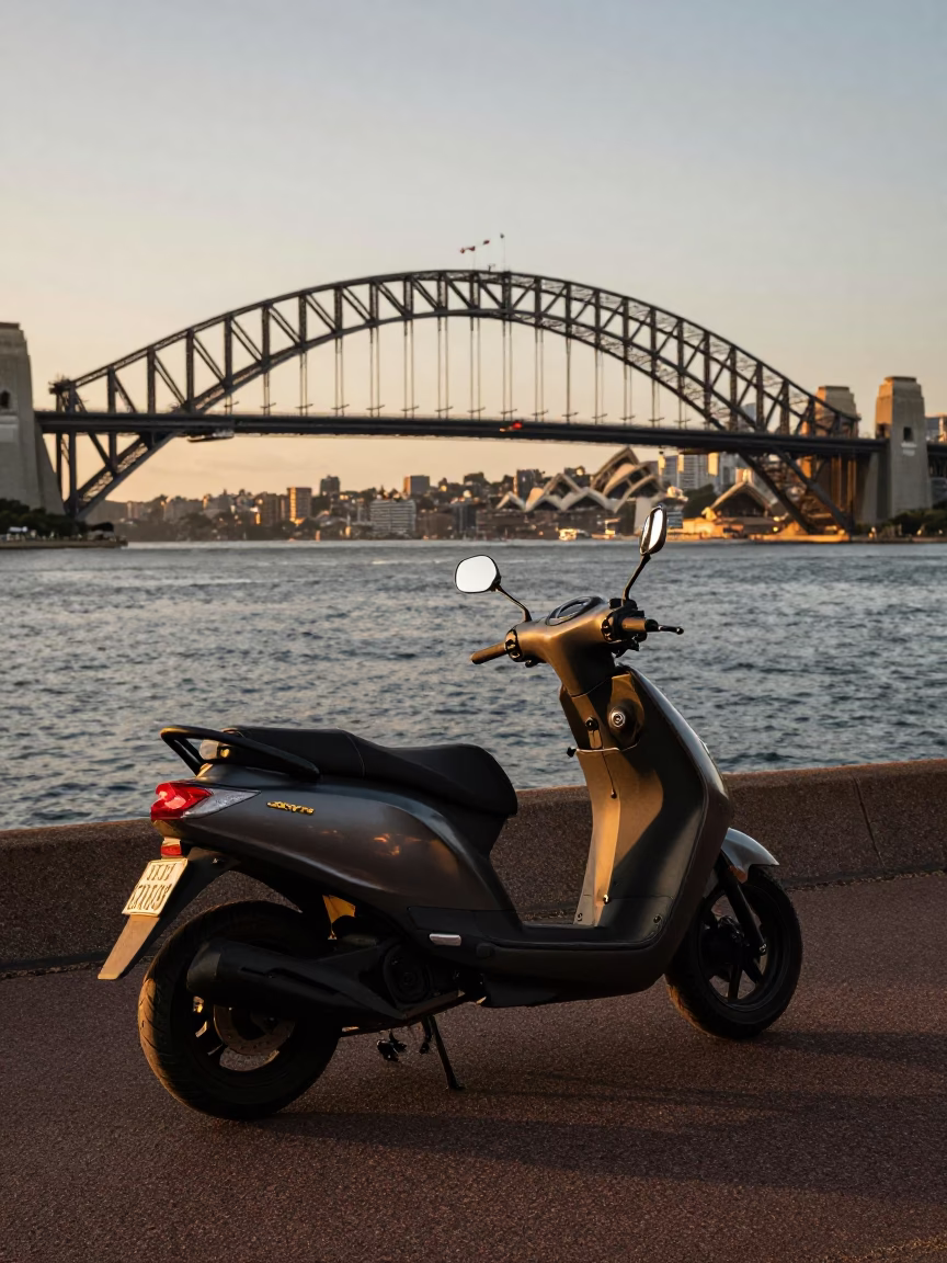 Scooter Parked on Sydney Harbor Promenade During Honeyed Evening Light in in Sydney, New South Wales, Australia