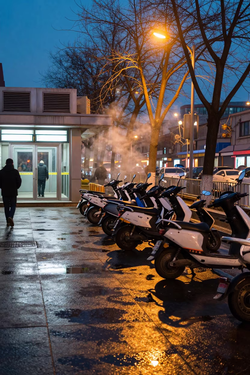 Scooter Puddle Reflections 798 District Winter Night in outside a metro entrance in 798 Art District, Beijing
