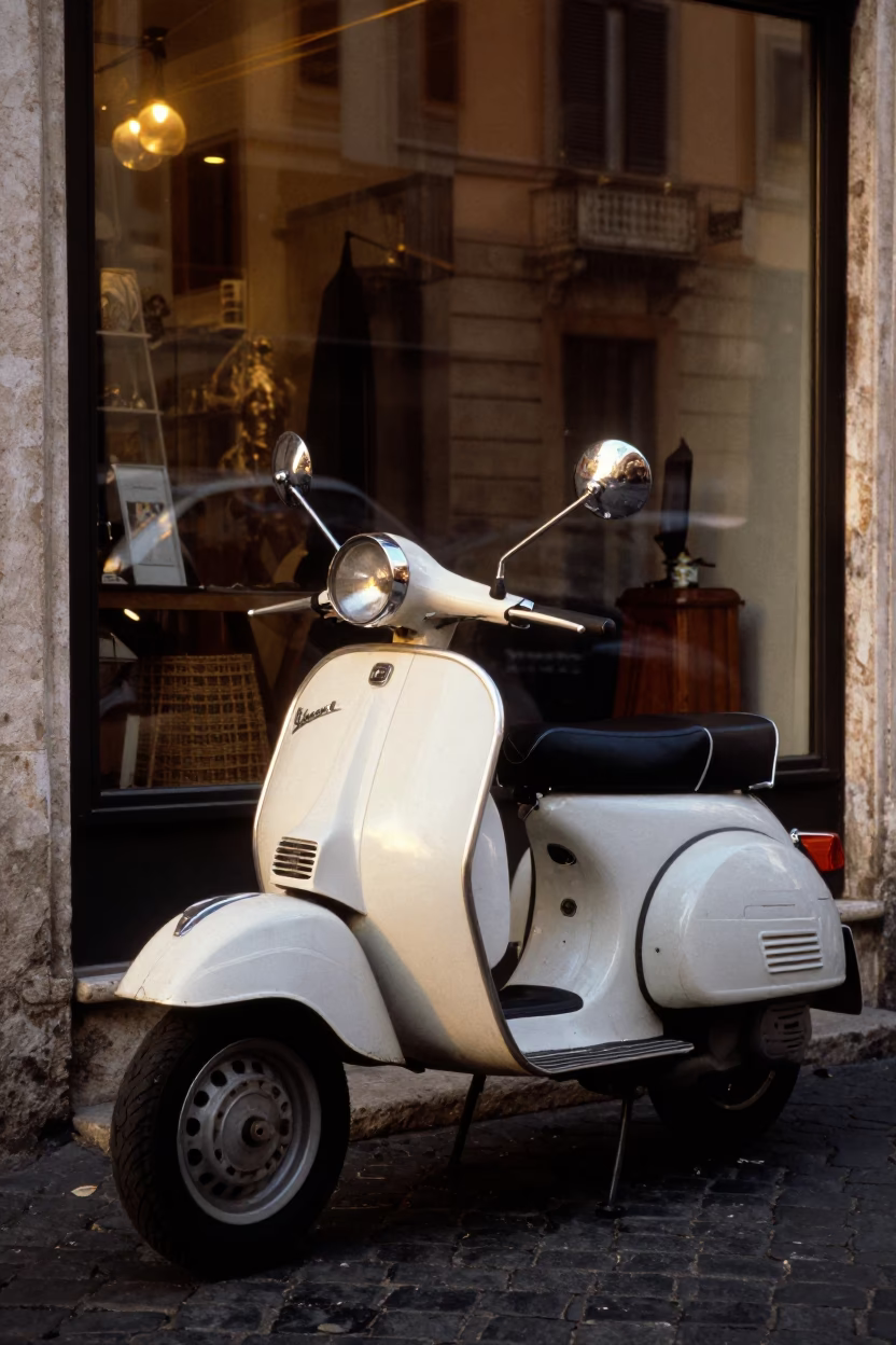 Scooter Reflected in Rome at Honeyed Evening Light in in Rome, Italy