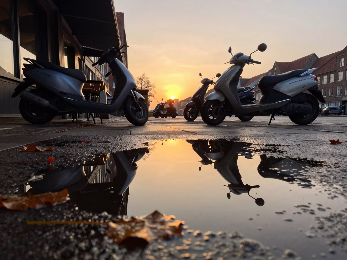 Scooter Reflections in Autumn Dawn Puddle in outside a corner cafe in Lubeck