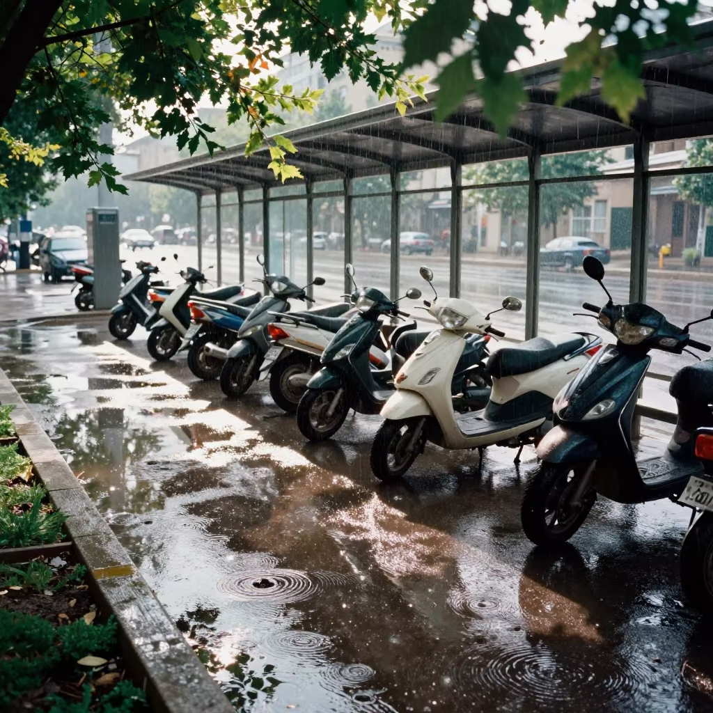 Scooter Reflections in Fergana Puddle in at a tram stop in Fergana