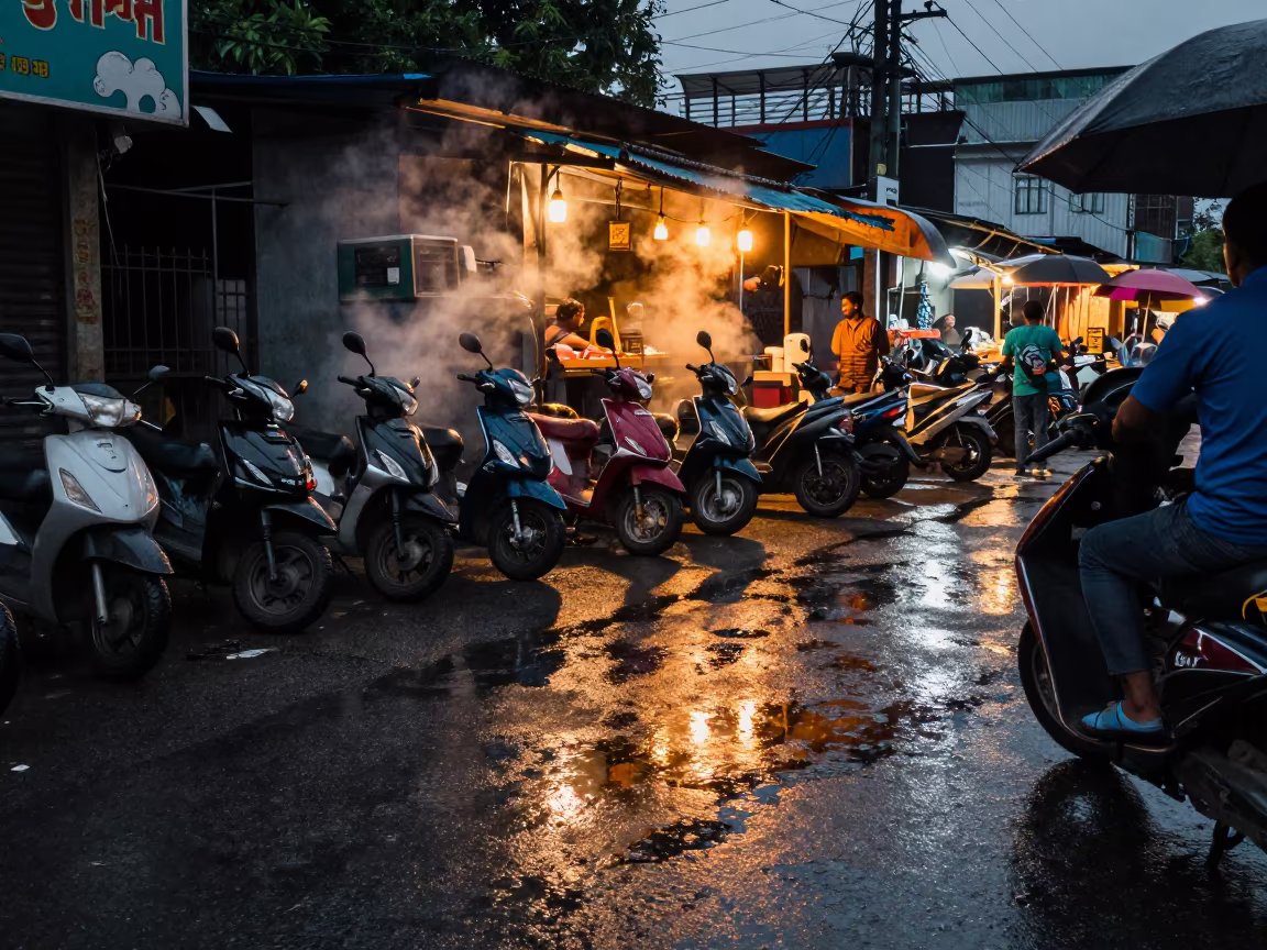 Scooter Reflections in Rain Puddle at Night Market in by a rain-darkened kiosk in Brahmanbaria
