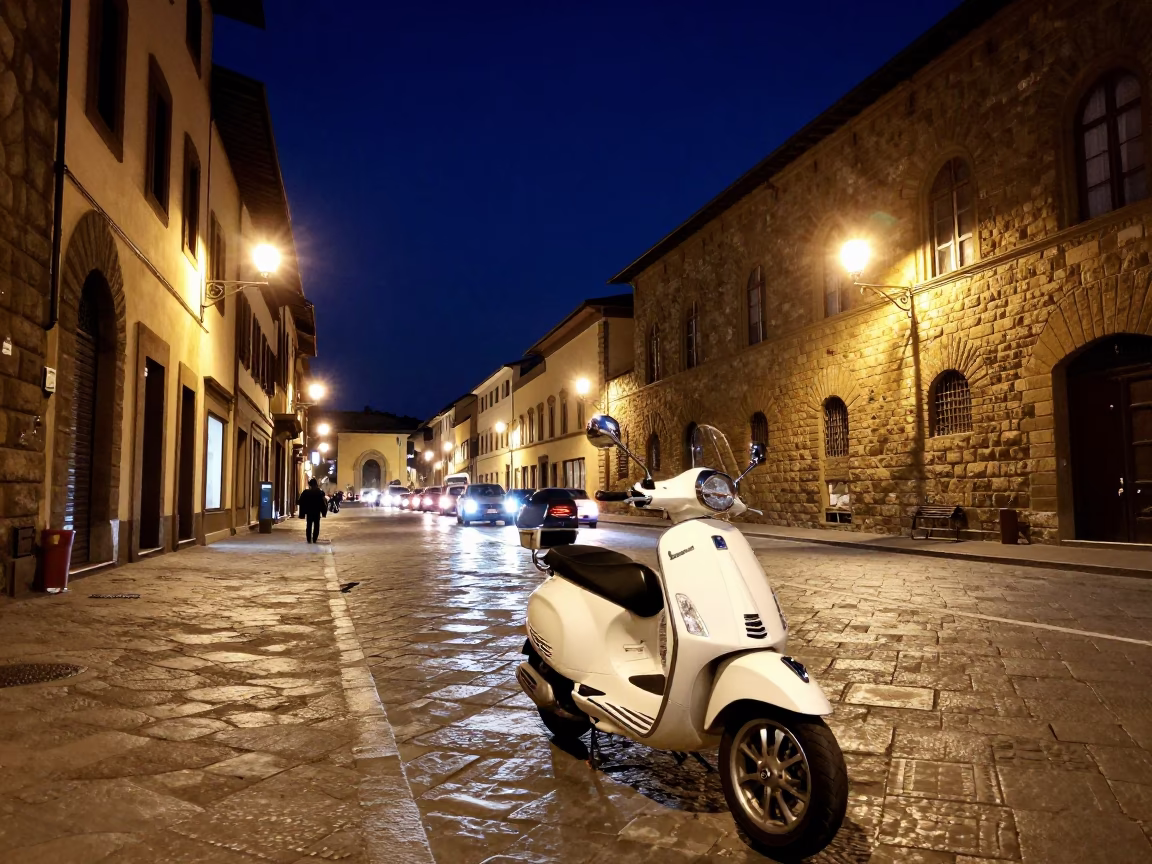Scooter Traffic in Florence at The Deepest Night Sky Light in in Florence, Italy