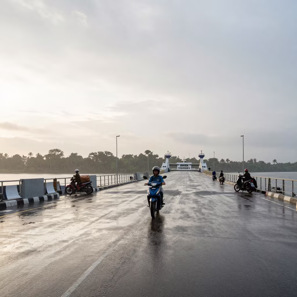 Scooter Weaving Through Brunei Ferry Crossing in across a remote ferry crossing in Brunei