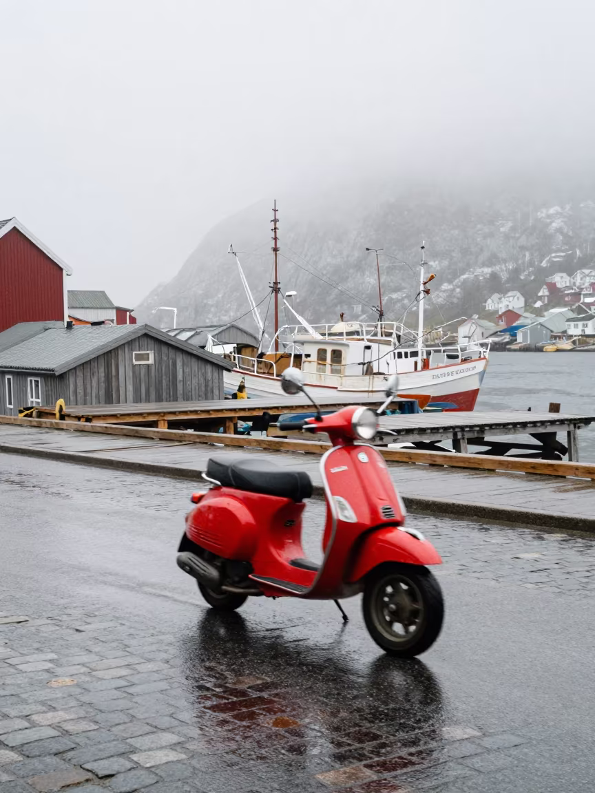 Scooter Weaving Through Foggy Norwegian Harbor in beside a fogbound harbor mouth in Norway