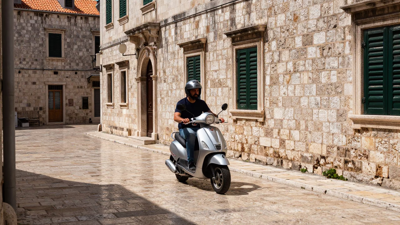 Scooter weaving through ancient stone streets of Dubrovnik Croatia midday in in Dubrovnik, Croatia