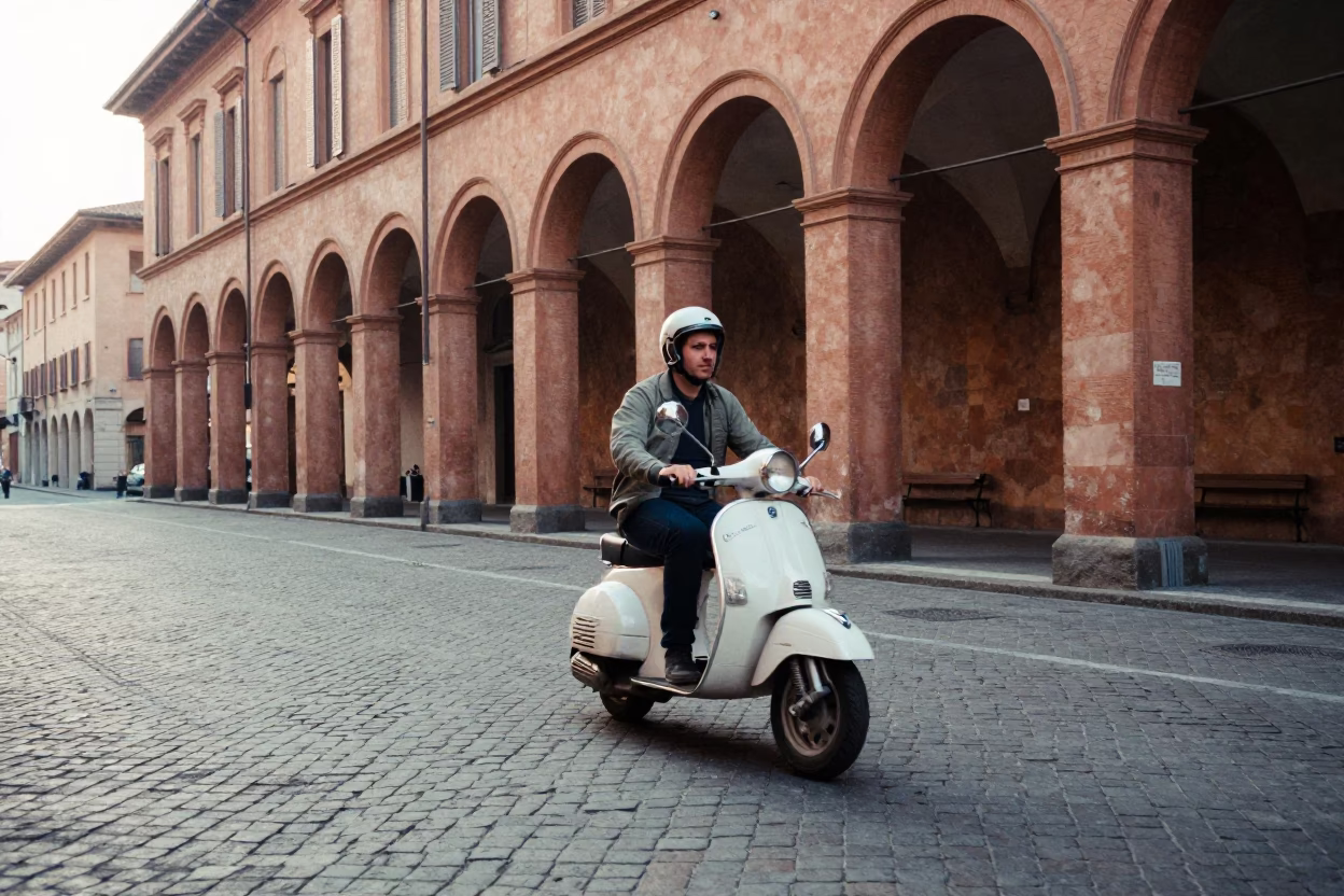 Scooter weaving through Bologna old town streets just after sunrise in in Bologna, Italy