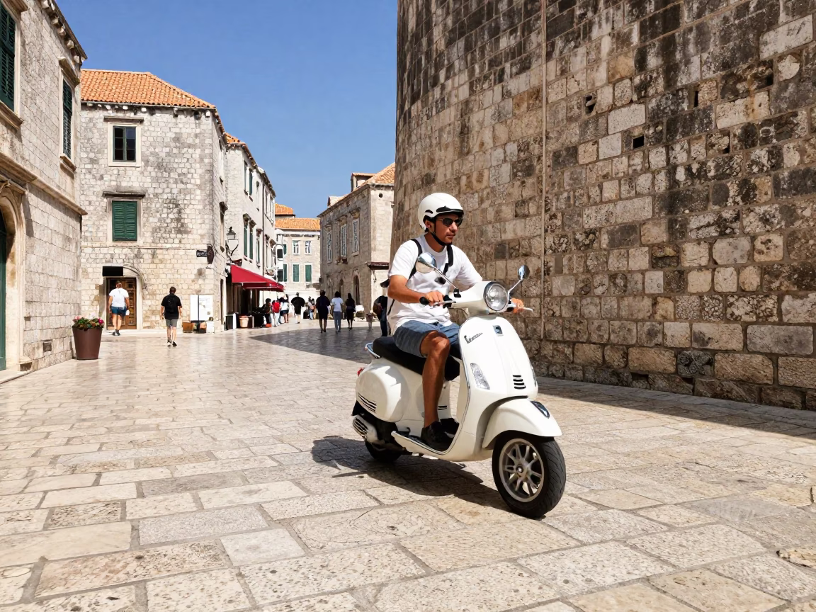 Scooter Weaving Through Dubrovnik Old Town Stone Streets Under Flat Noon Sunlight in in Dubrovnik, Croatia