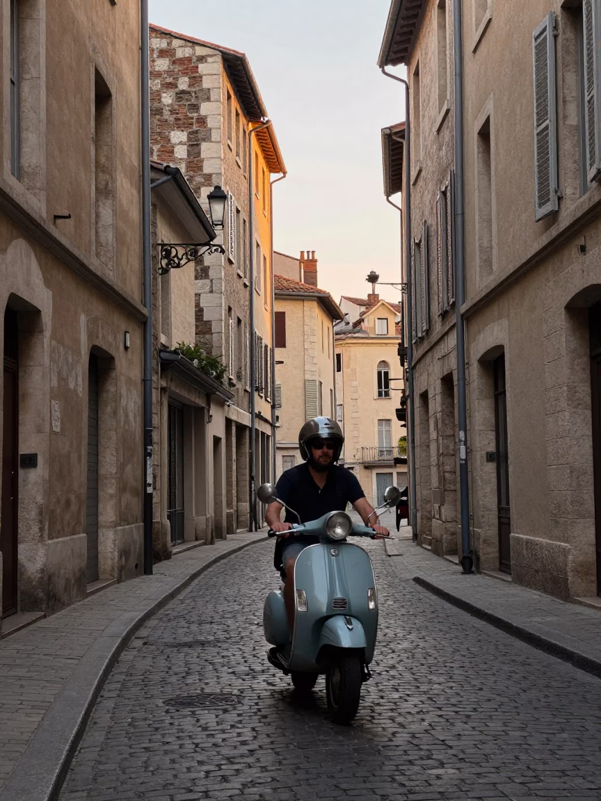 Scooter weaving through historic Lyon France old town at first light dawn street scene in in Lyon, France