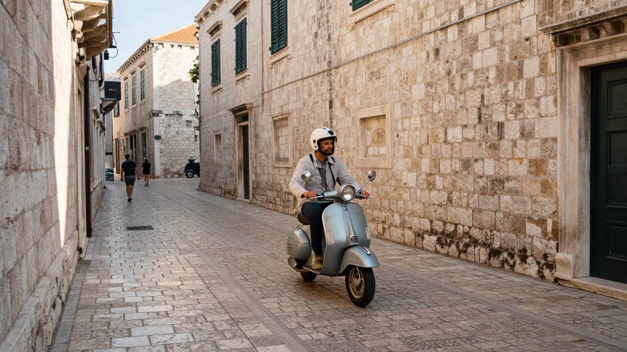 Scooter weaving through narrow cobblestone streets of historic Dubrovnik Croatia in early morning light in in Dubrovnik, Croatia