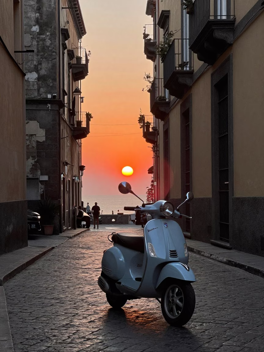 Scooter weaving through narrow Naples street at sunset with local life in in Naples, Italy