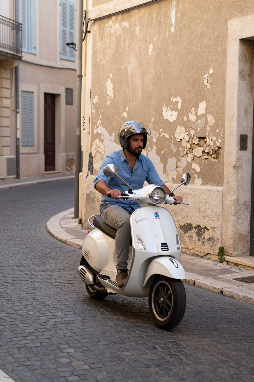 Scooter weaving through narrow old town streets of Marseille France in late morning light in in Marseille, France