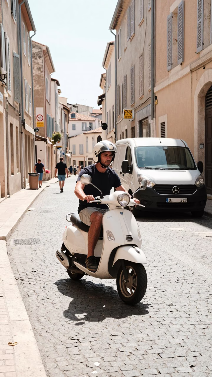 Scooter weaving through narrow old town streets under flat noon glare in Marseille France in in Marseille, France