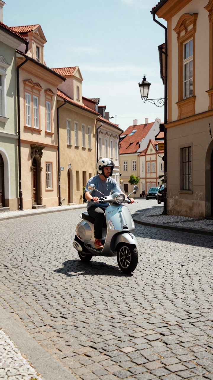 Scooter weaving through Prague old town under flat noon glare in in Prague, Czech Republic