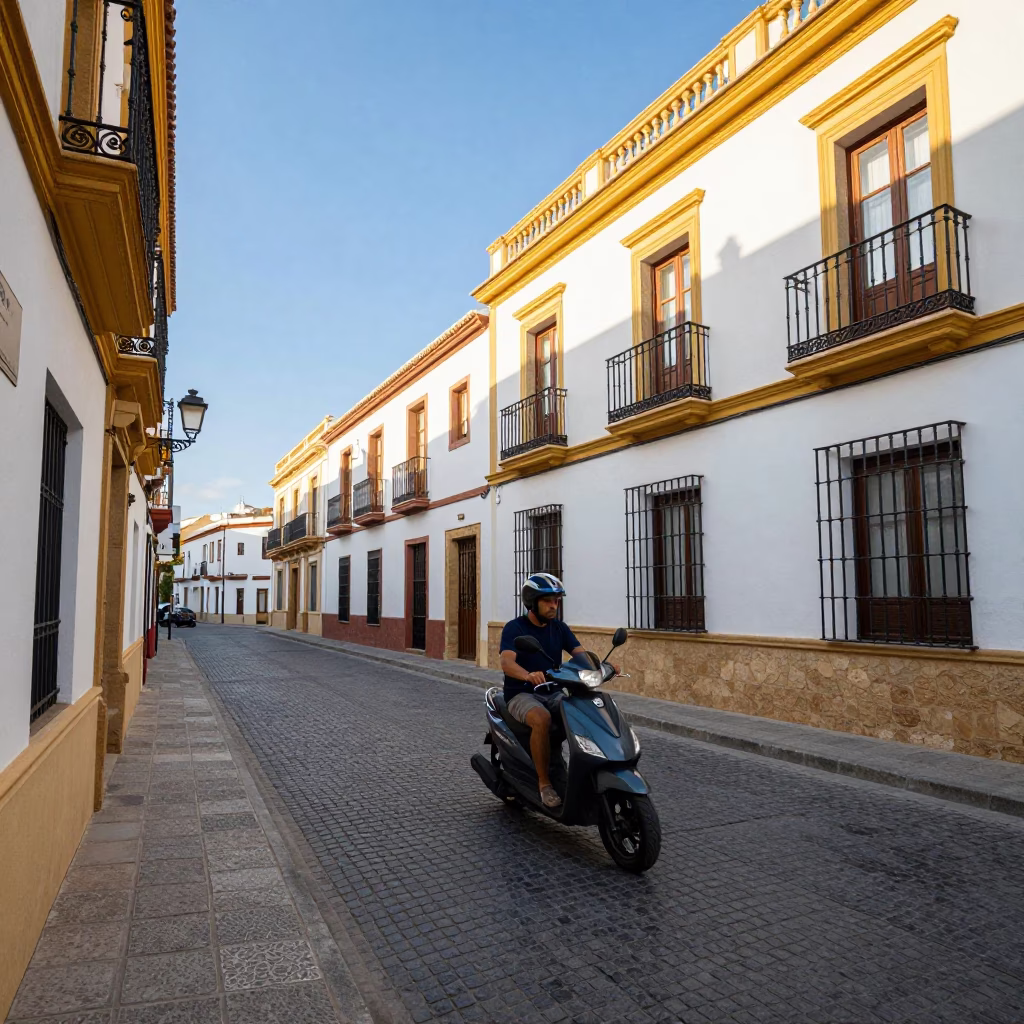 Scooter weaving through Valencia Spain old town streets in clear late afternoon light in in Valencia, Spain