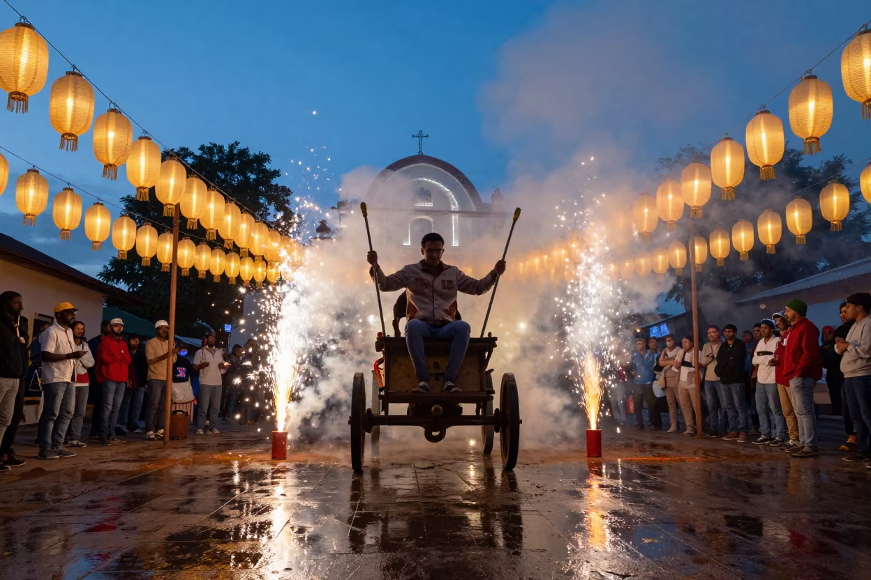 Scoppio del Carro Ceremony Lanterns Lubango in in a shrine lined with lanterns in Lubango