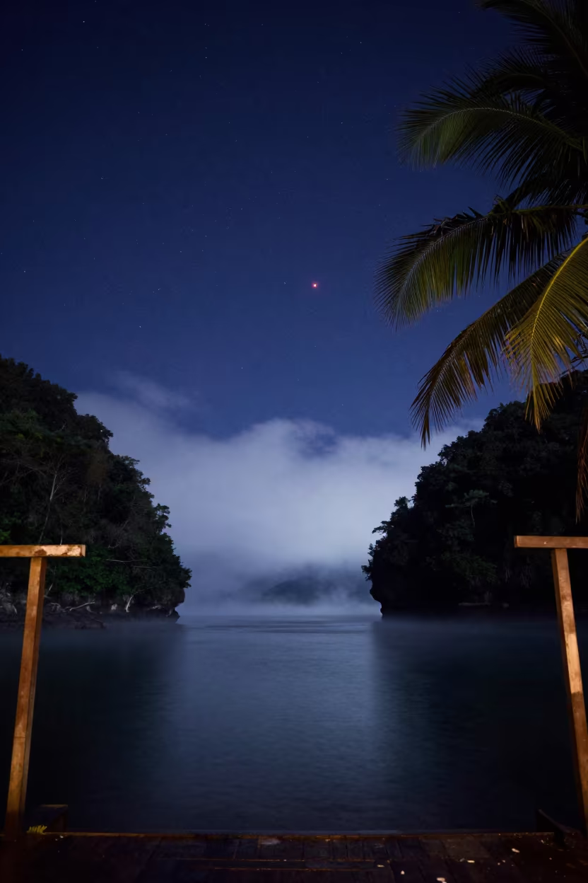 Scorpius Constellation Over Misty Tropical Lagoon in above a misty gorge in warm night air near Manila