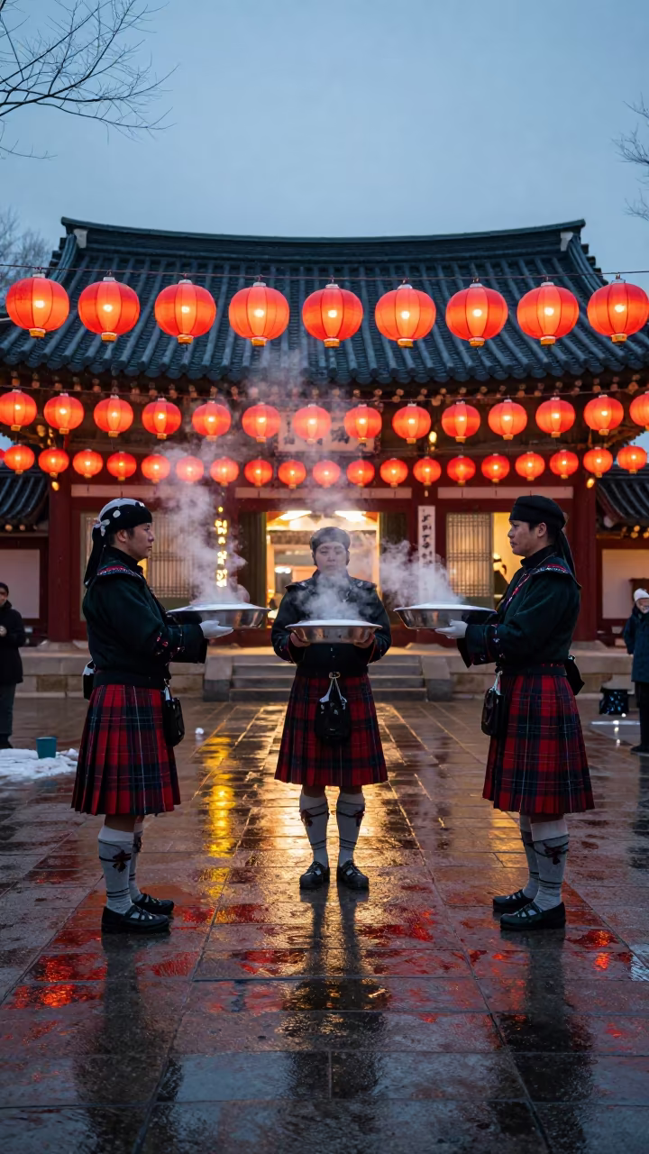 Scottish Burns Night Haggis in Seoul Shrine in in a shrine lined with lanterns near Seoul