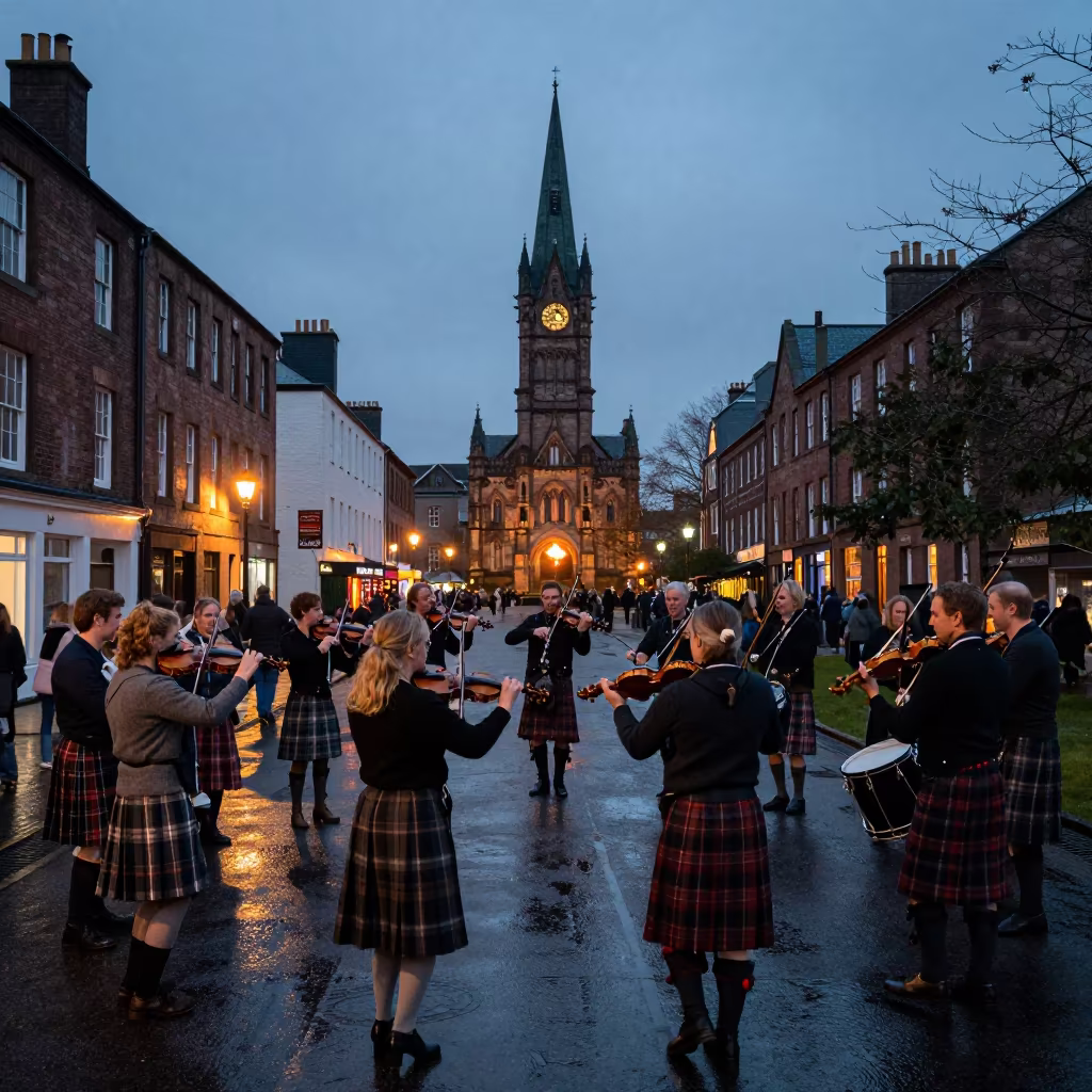 Scottish Ceilidh Band Spinning Couples Before Dusk in near Glasgow