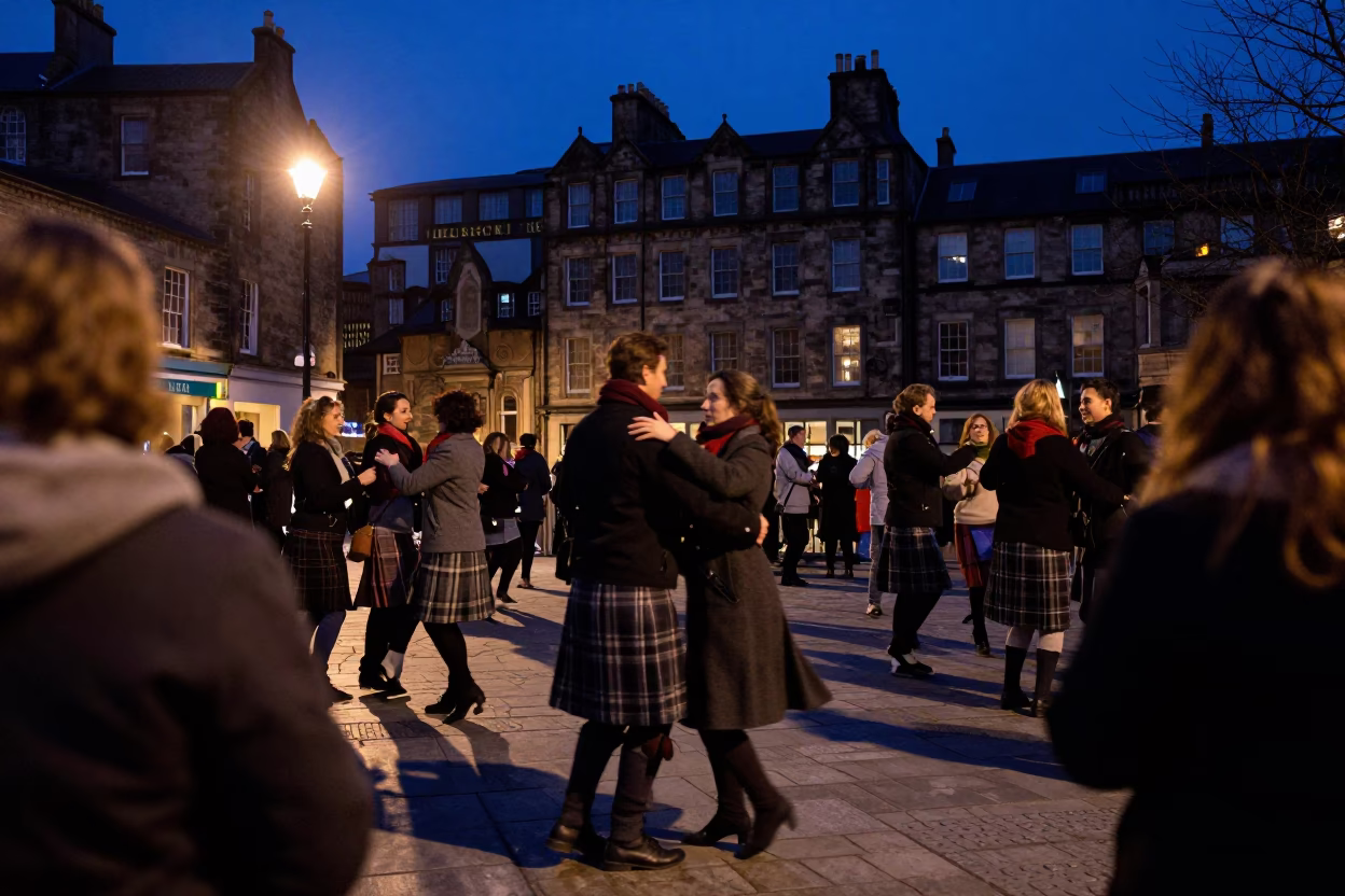 Scottish Ceilidh Couples Spinning in Grassmarket Twilight in in Grassmarket, Edinburgh