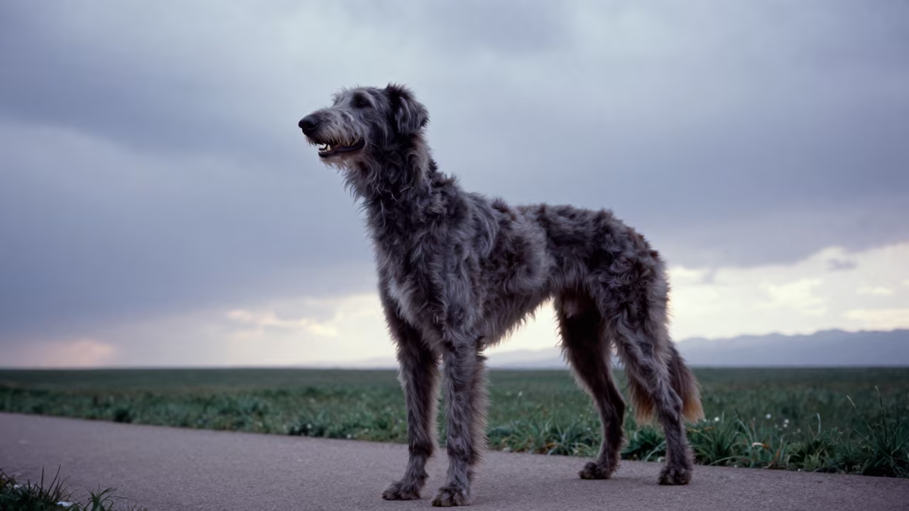 Scottish Deerhound Before Dawn in Urumqi Park in along a quiet park path with soft open shade and a clean background near Urumqi