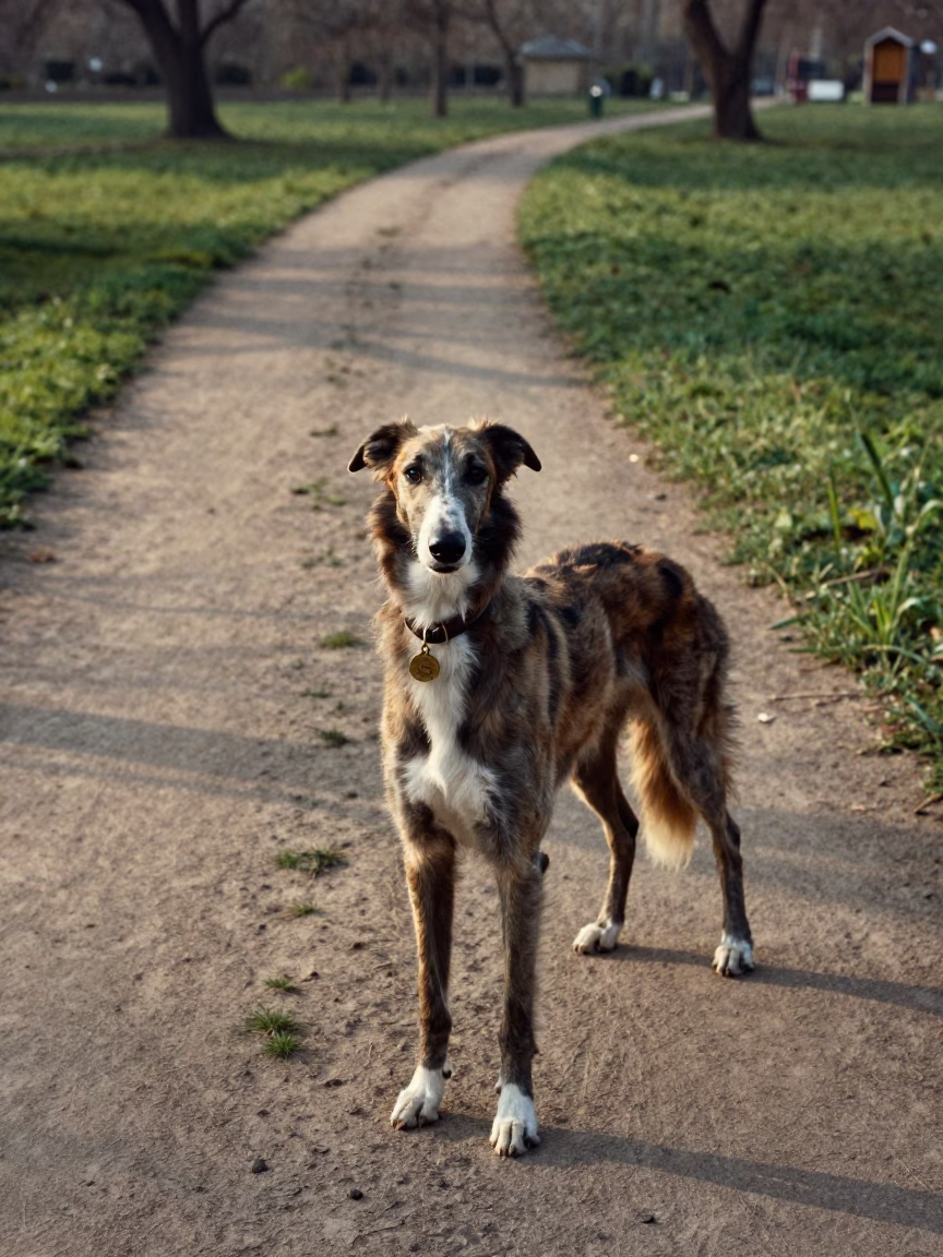 Scottish Deerhound on Bauchi Park Path in along a quiet park path with soft open shade and a clean background in Bauchi