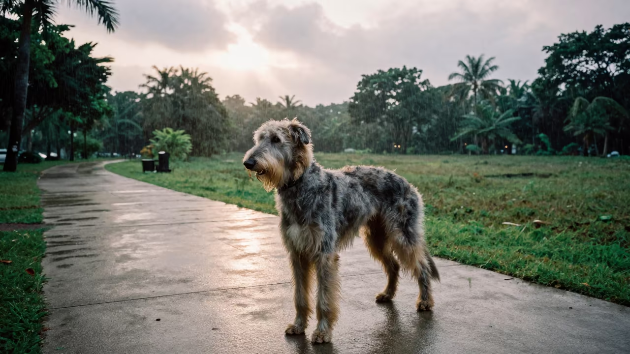 Scottish Deerhound on Jakarta Park Path in Monsoon Light in along a quiet park path with soft open shade and a clean background near Jakarta