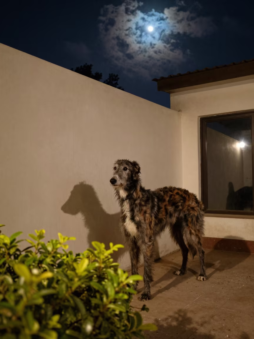 Scottish Deerhound Portrait Beside Courtyard Wall in Kanpur in beside a plain courtyard wall in clear daylight with the animal at eye level in Kanpur