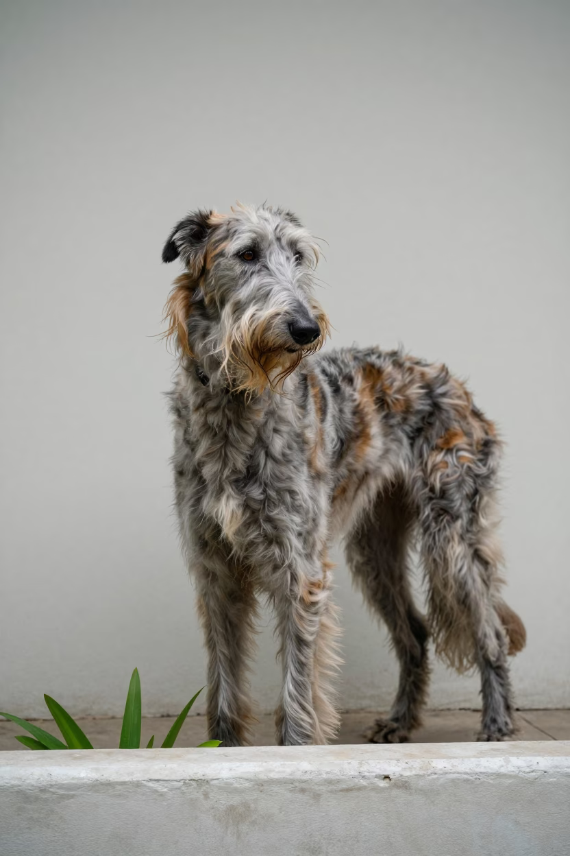 Scottish Deerhound Portrait in Medan Courtyard in beside a plain courtyard wall in clear daylight with the animal at eye level in Medan
