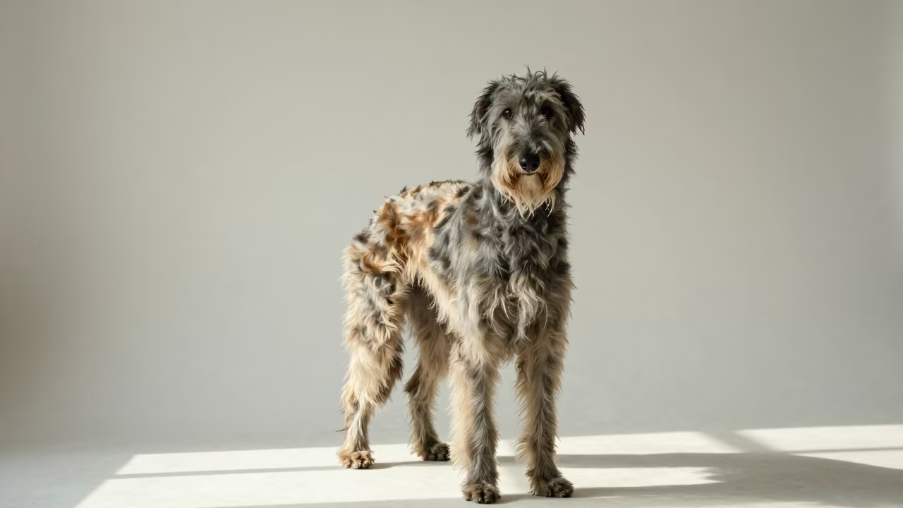 Scottish Deerhound Portrait in Sialkot Studio in in a quiet portrait studio with a plain backdrop and eye-level framing in Sialkot