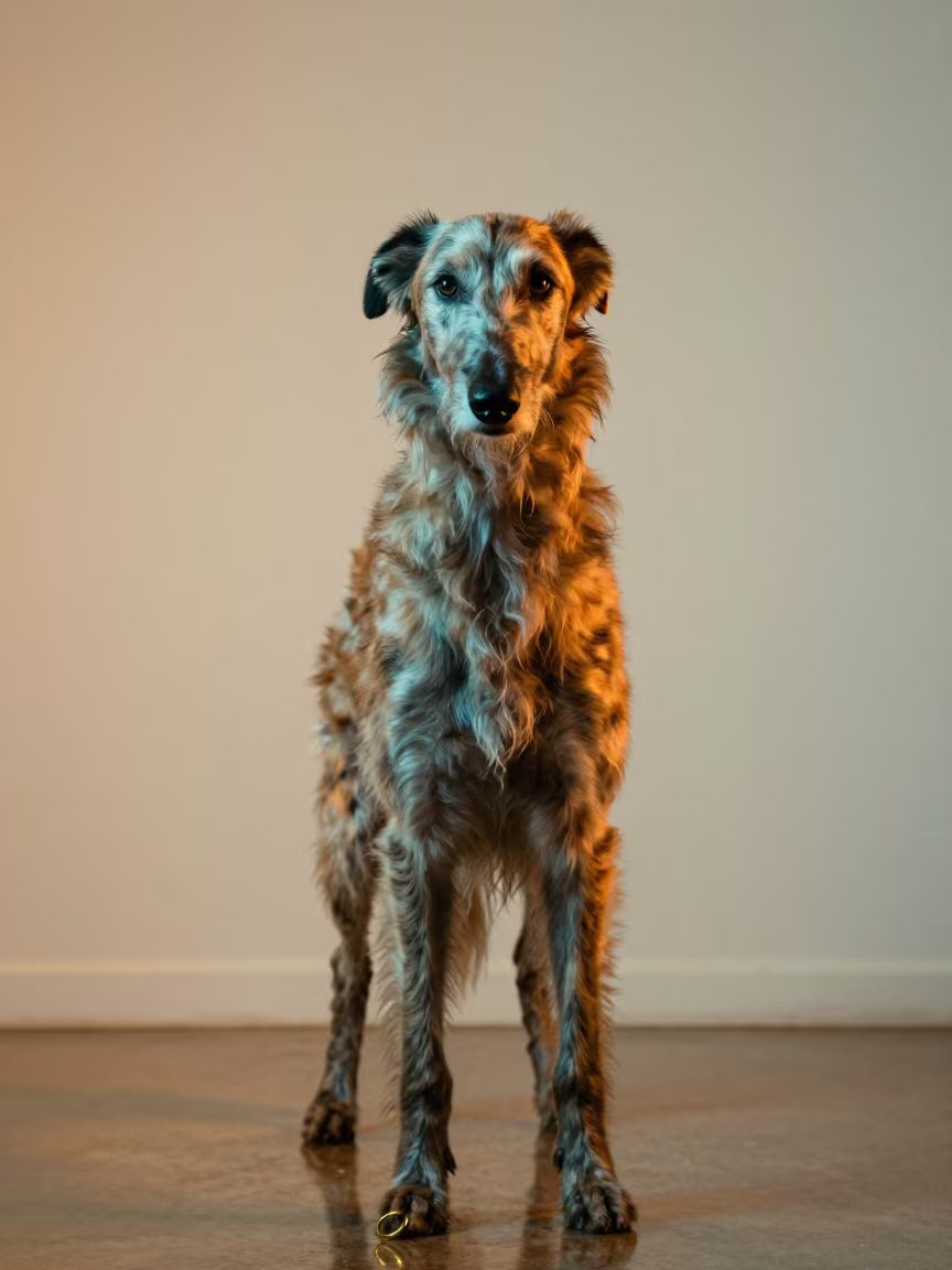 Scottish Deerhound Portrait in Soft Indoor Neon Light in beside a plain plaster wall in soft indoor light with the animal centered in frame in El Calafate