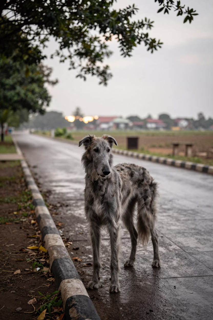 Scottish Deerhound Portrait on Lamu Park Path in along a quiet park path with soft open shade and a clean background in Lamu