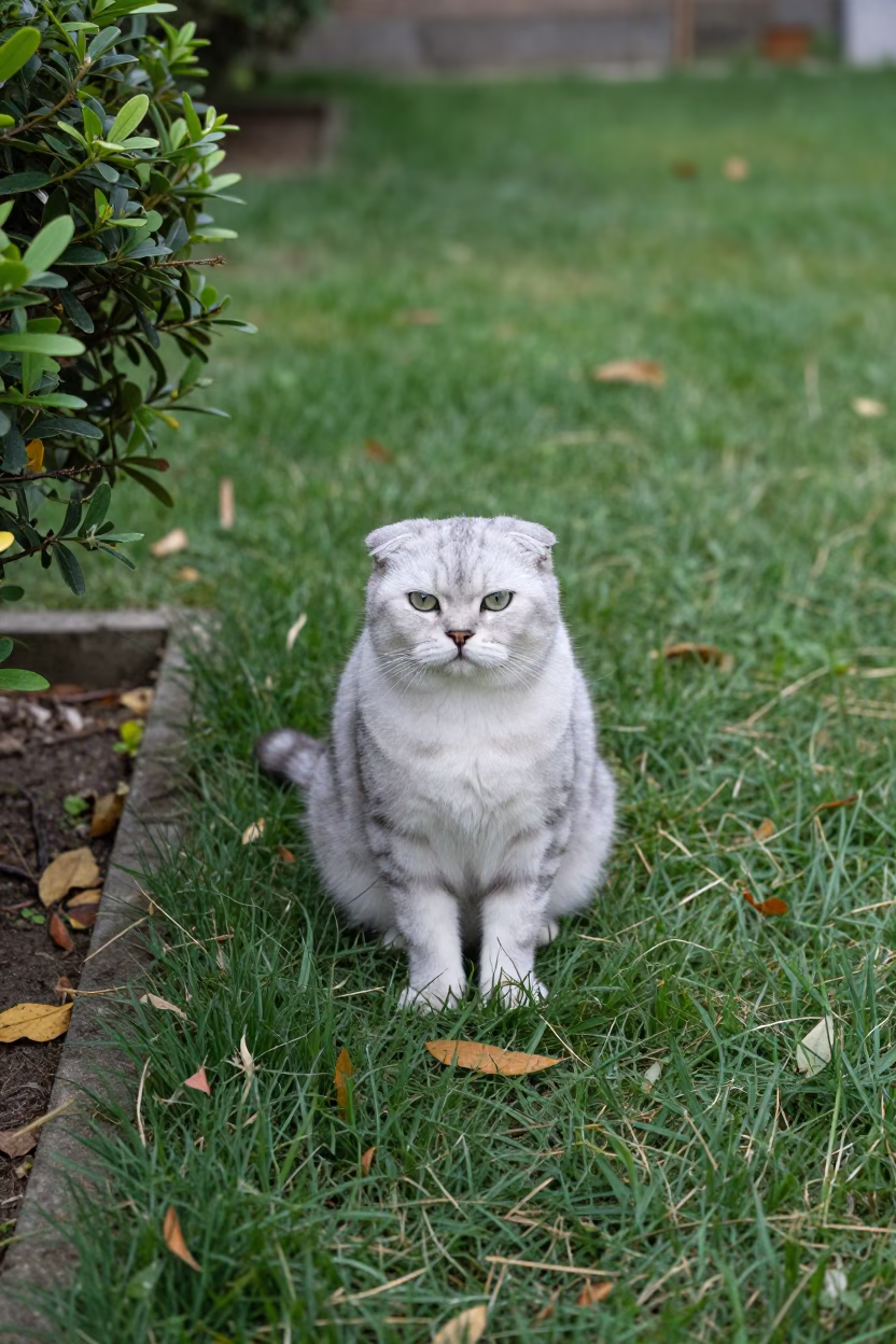 Scottish Fold Cat by Garden Edge in Oral in in a small yard with clipped grass, calm light, and the animal centered in frame near Oral