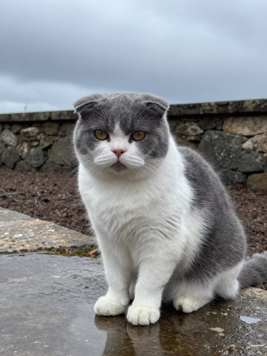 Scottish Fold Cat Garden Edge Morelia in near a garden edge with soft morning light and an uncluttered background in Morelia