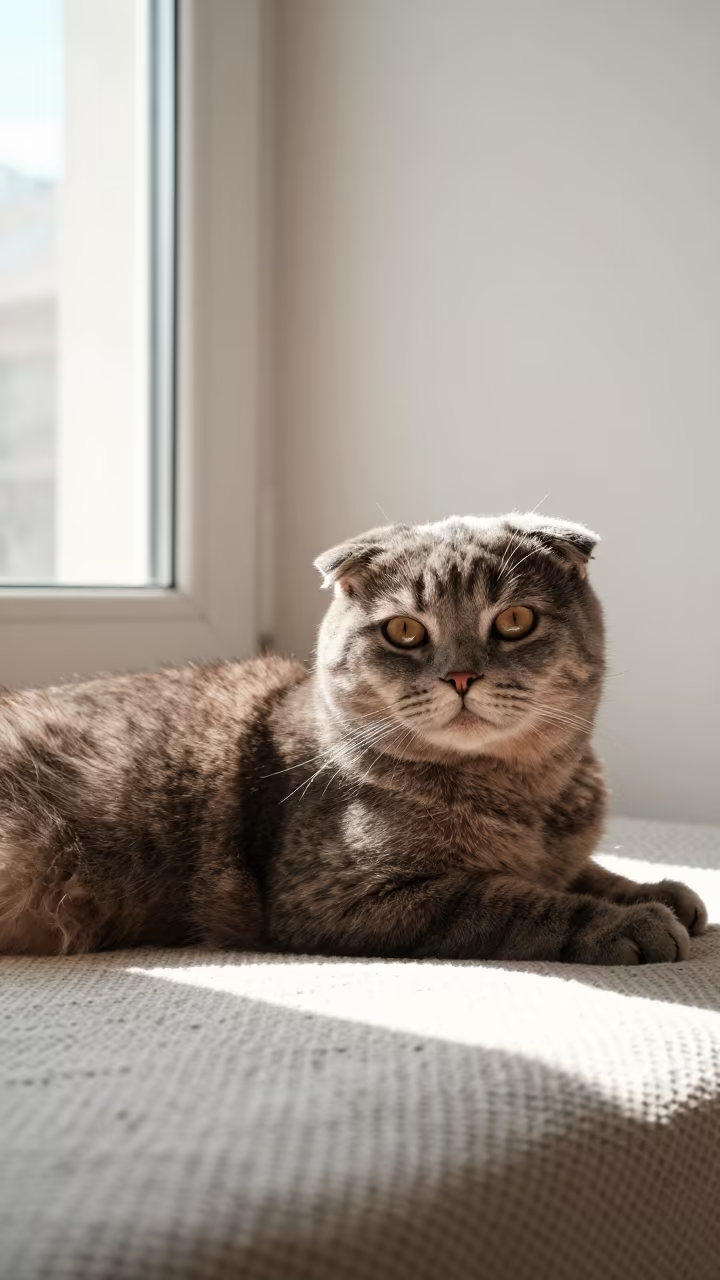 Scottish Fold Cat Lounging on Bedspread in Bishkek in on a bedspread near a bright window with calm indoor light in Bishkek