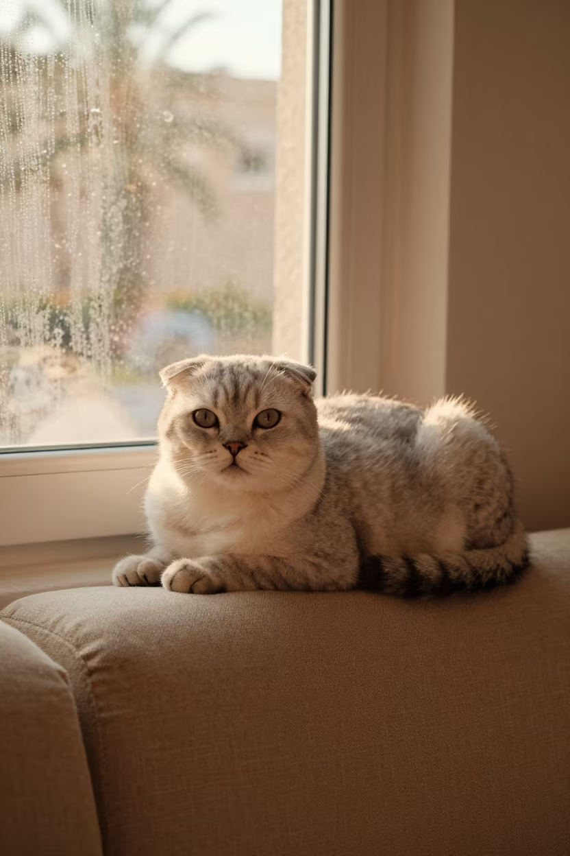 Scottish Fold Cat Lounging on Linen Sofa in on a linen sofa with daylight from a nearby window in Al Bayda