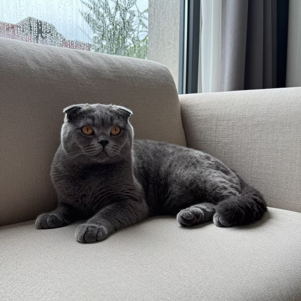 Scottish Fold Cat on Linen Sofa in Kochi Afternoon Light in on a linen sofa with daylight from a nearby window in Kochi