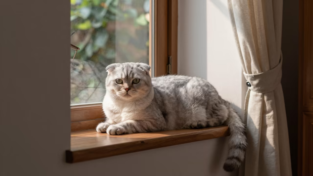 Scottish Fold Cat on Window Seat in Can Tho Apartment in on a window seat in a quiet apartment with soft side light near Can Tho