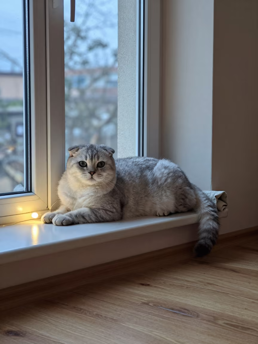 Scottish Fold Cat on Window Seat Midnight Glow in on a window seat in a quiet apartment with soft side light in Mawlamyine